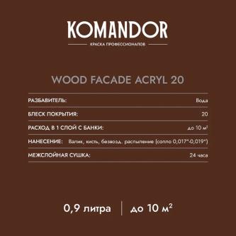Краска для деревянных фасадов Komandor Wood Facade Acryl 20, полуматовая, база А, белая, 9 л